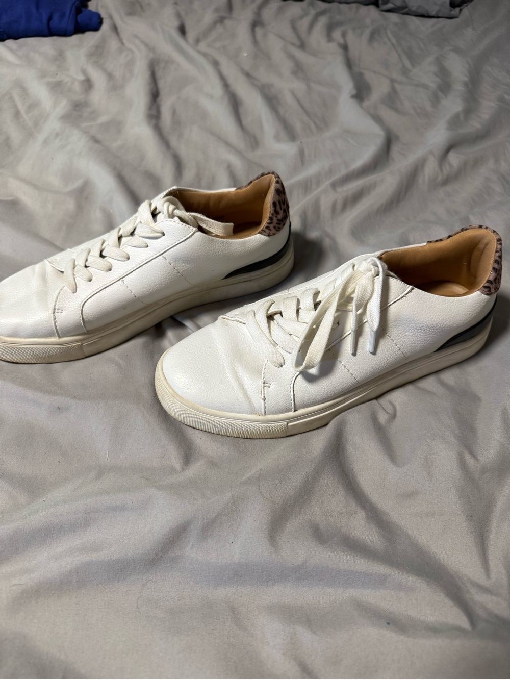 Dolce Vita White Leather Sneakers with Leopard Heel Accent